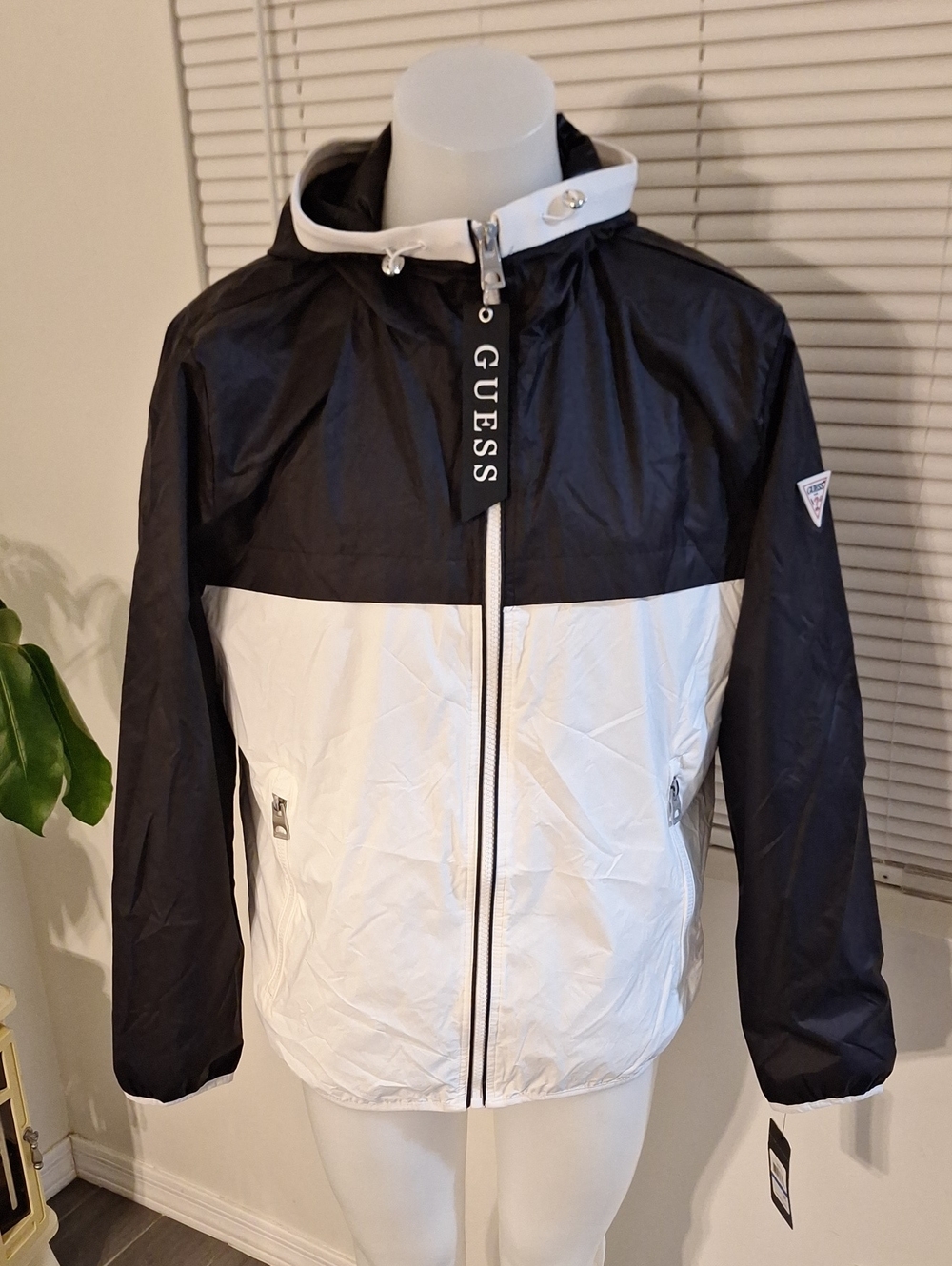 Guess Black and White Hooded Colorblock Rain Jacket
